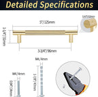 Knurled Cabinet Pulls 2 Pack, 5 Inch Long Cabinet Handles Metal Door Pulls, Kitchen Drawer Pull Knurled Dresser Handles - 3 3/4" Hole to Hole, Golden