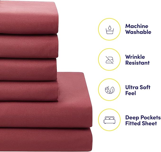Sweet Home Collection 7 Piece Comforter Set Bag Solid Color All Season Soft Down Alternative Blanket & Luxurious Microfiber Bed Sheets, Burgundy, Full