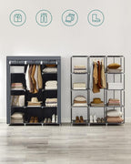 SONGMICS Portable Closet, Clothes Storage Organizer with 10 Shelves, 1 Clothes Hanging Rail, Non-Woven Fabric Closet, Metal Frame, 51 x 17.7 x 66.1 Inches, Grey URYG93G