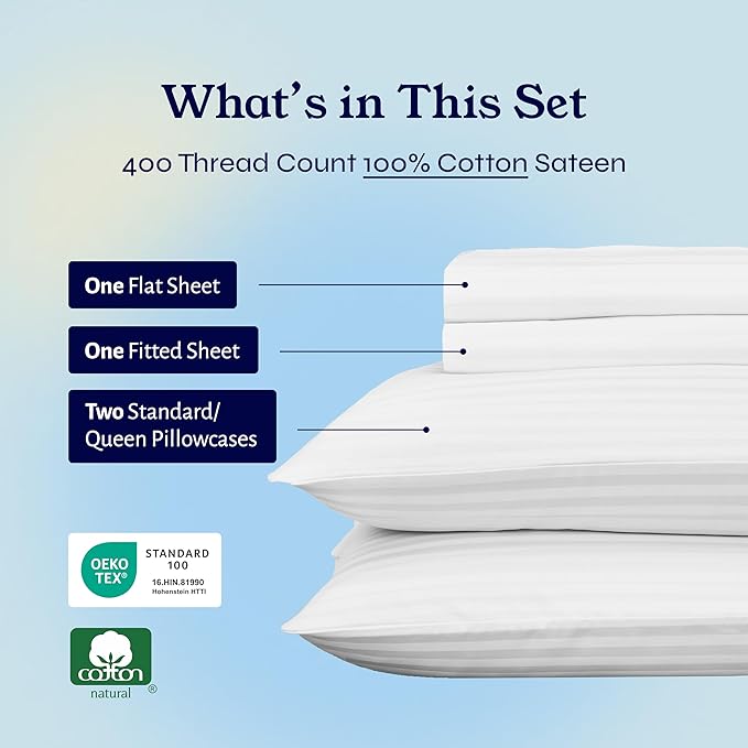 California Design Den Striped Queen Sheet Set - Soft 400 Thread Count Sateen, Natural 100% Cotton Sheets with Deep Pockets, Cooling and Durable Bedding Set - Striped White