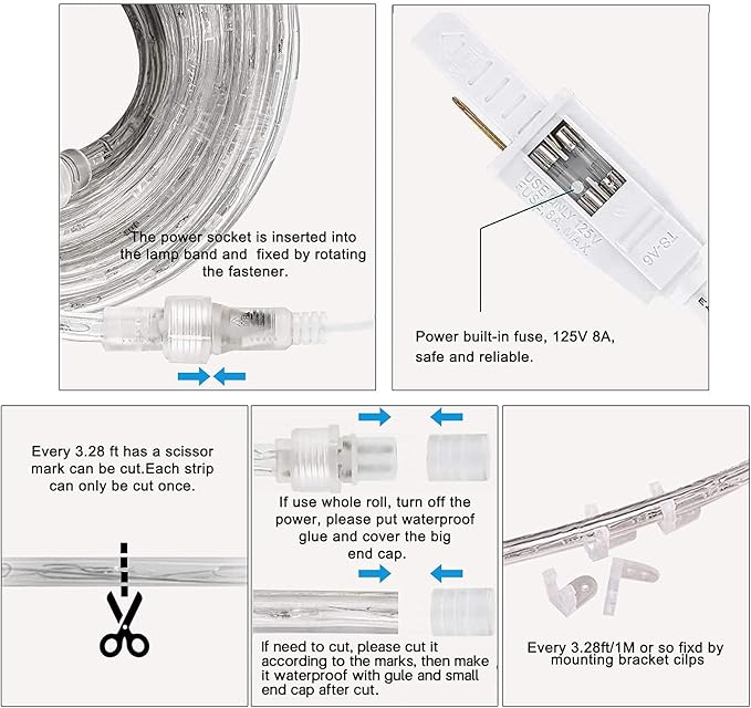 SURNIE Rope Lights Outdoor Waterproof Daylight White: LED 10FT Cuttable Outside Bright 110V Lighting 6000K Flexible Cool Clear Tube, Indoor Deck Patio Xmas Camping Decor, Not Flat Strip