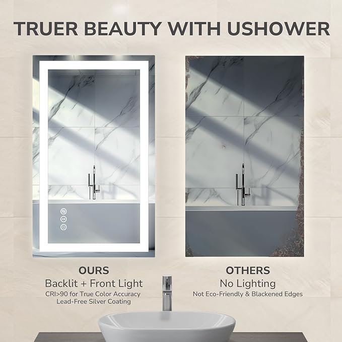 USHOWER LED Bathroom Mirror 20x28 Inch with Lights - Frameless Tempered Glass LED Backlit Lighted Mirror for Bathroom Vanity with Anti-Fog, 3 Colors Dimmable, Memory Function, Wall-Mounted