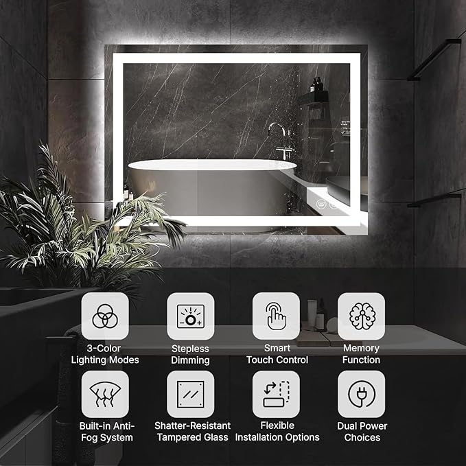 60 x 30 LED Vanity Mirror for Bathroom, Frontlit & Backlit LED Mirror for Bathroom with 3 Colour Lights, Wall Vanity Mirror with Anti-Fog, Shatterproof & Memory Function, Perfect for Modern Bathrooms