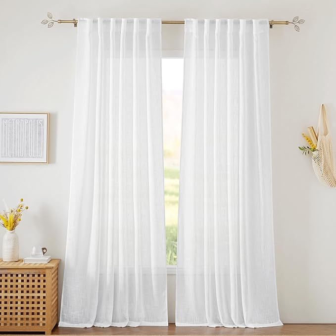 RYB HOME Semi Sheer Curtains 102 inches Long, Back Tab Light Filtering Half Privacy Window Curtains & Drapes for Bedroom Living Room, White, W 52 x L 102 inches, 2 Panels Set