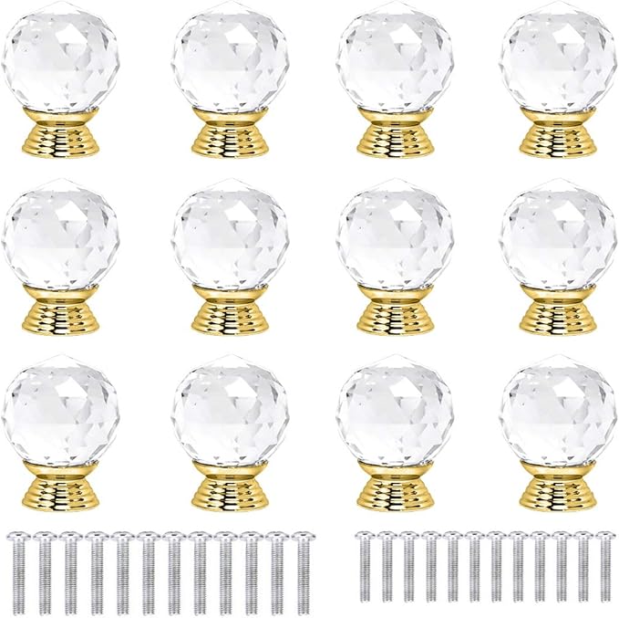 12 Pcs 30mm Round Shape Crystal Glass Cabinet Knobs with Screws Drawer Knob Pull Handle Used for Kitchen, Dresser, Door, Cupboard(Gold B Clear)
