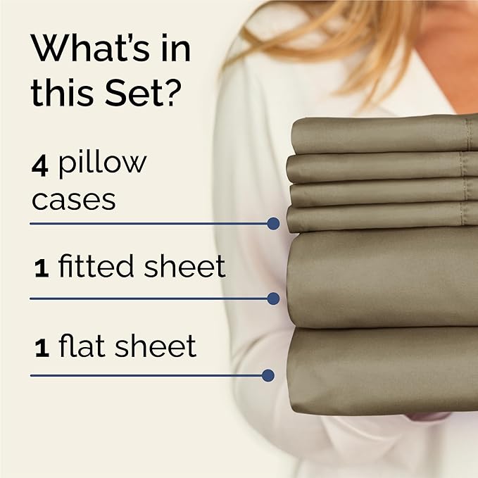King Sheets Set 6 Piece - Includes 4 Pillowcases - Bed Sheets King Size - Soft Hotel Luxury Bedding - Cooling, Comfy, Fade Free & Breathable - 1 Flat & 1 Fitted & 4 Pillowcases w/ Deep Pockets - Khaki