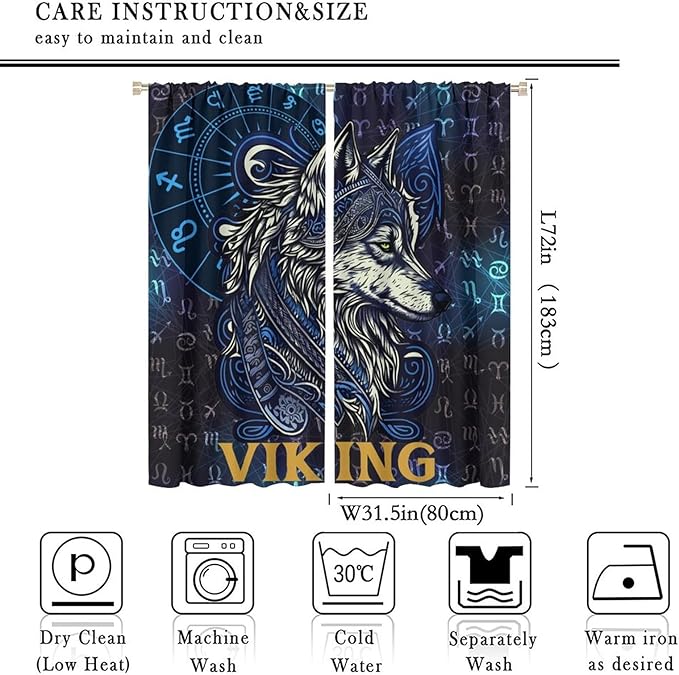 Viking Wolf Curtains Blue Rune Nordic Gothic Animal Curtains Dark Ancient Totem Mythological Pattern Printed Curtains Boys Bedroom Living Room Decoration Blackout Curtains W63 * L72 Inch