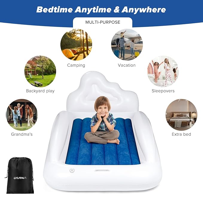 Inflatable Toddler Travel Bed, Reversible 2 Color Kids Air Mattress | Kids Blow up Mattress with Sides | Portable Toddler Bed for Travel, Sleepovers - Navy Blue & Grey