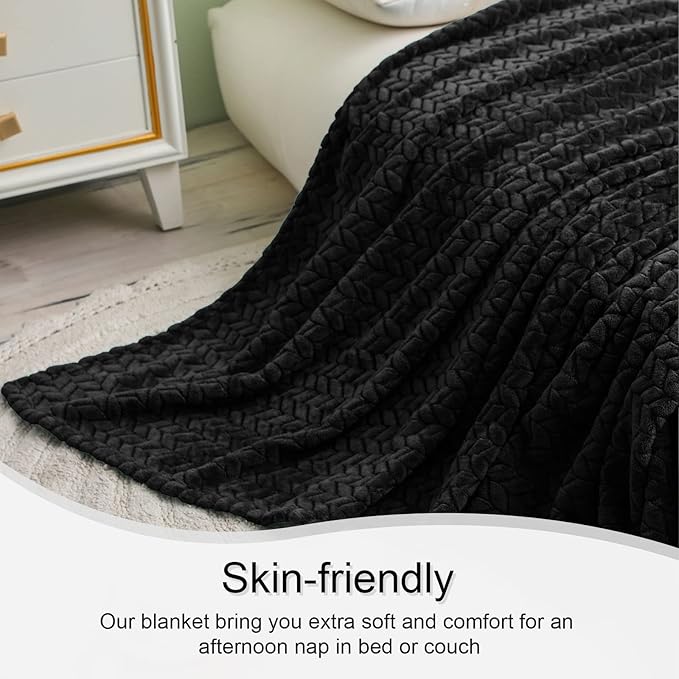 Exclusivo Mezcla Fleece Throw Blanket for Couch, 50x70 Inches Soft Cozy Jacquard Flannel Blankets, Lightweight Fuzzy Plush Warm Throws for Winter, Black