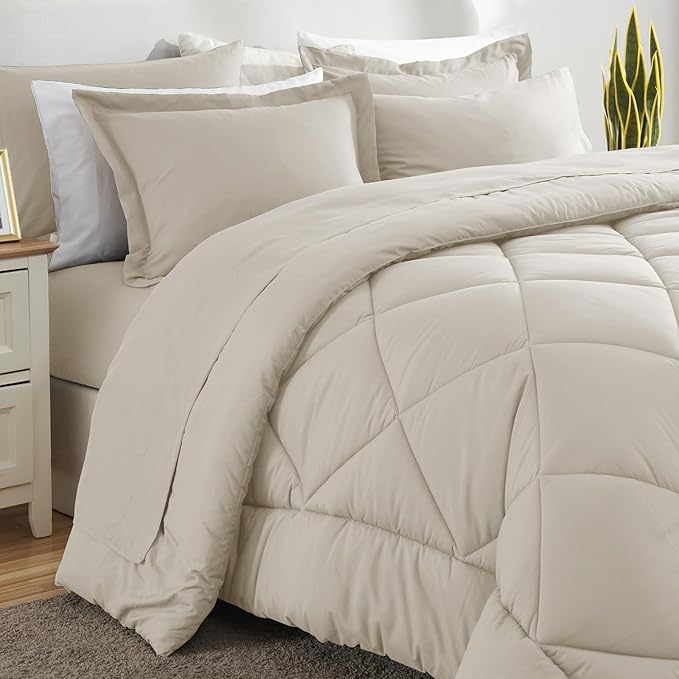 CozyLux California King Comforter Set Beige - Cal King Bed in a Bag 7 Pieces, Luxury Soft Bed Set for All Seasons, Bedding Set with Comforter, Sheets, Pillowcases & Shams