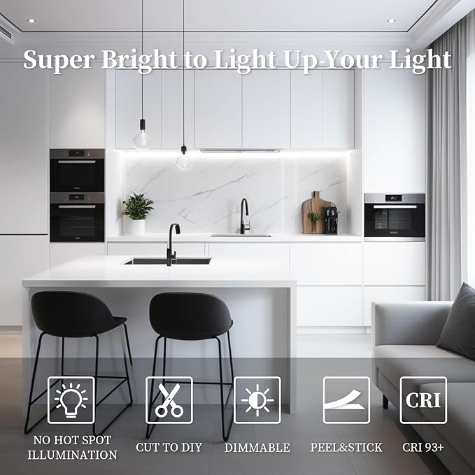 iNextStation COB LED Strip Light White 6000K 16.4ft/5M DC12V CRI 93+ Flexible LED Tape Lights 8mm for Bedroom, Kitchen, TV Backlight, Cabinet, Stage, Home DIY Lighting Decor(No Plug)