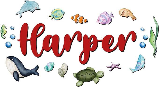 Custom Nursery Name Sign with Themed Decor Kit | Personalized Wooden Wall Art for Baby, Kids Room | Space, Jungle, Circus, Under the Sea, Woodland, Rainbow (60", Under the Sea)