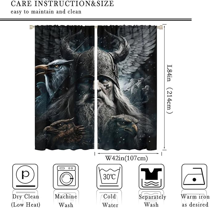Fantasy Norse Viking Curtains,Cool Gothic Vintage Vikings Mystical Symbol Eagle Window Treatments Thermal Insulated Rod Pocket Blackout Drapes for Bedroom 2 Panels 84L x 42W