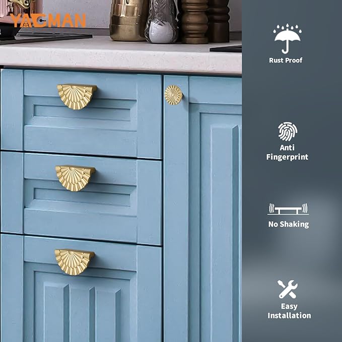 Brushed Gold Cabinet Pulls 6 Pack 3 Inch Modern Drawer Handles Kitchen Cupboard Half Moon Bathroom Dresser Sunflower Cup Pull SH-BG76-6