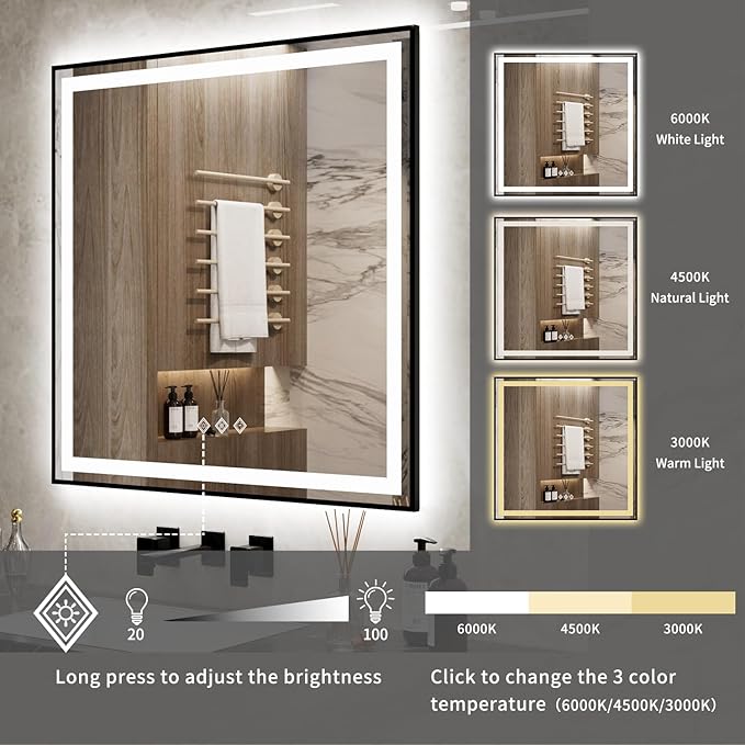 LED Mirror for Bathroom, 36x36 Inch Black Framed Gradient Front and Backlit LED Vanity Mirror, 3 Colors Dimmable CRI>90, IP54 Enhanced Anti-Fog Wall Mounted Lighted Bathroom Mirror