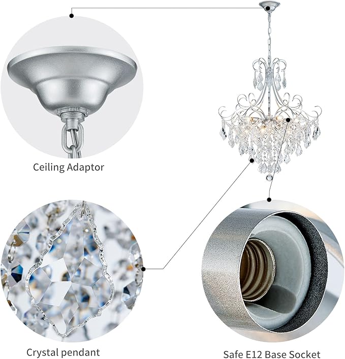 WUZUPS Crystal Chandelier 10-Light Pendant Ceiling Light Modern Lighting Fixture for Dining Room Hallway Bedroom Kitchen Bathroom, H 27.6" x W 22.8", E12 Base, Silver
