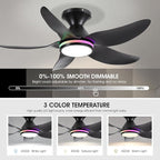 Ceiling Fans with Lights Remote/APP Control, 38" Low Profile Ceiling Fans with Dimmable White Colors+ RGB Ring Lights, 6 Speeds 5 Reversible Blades for Kids Room Bedroom Living Room, Black