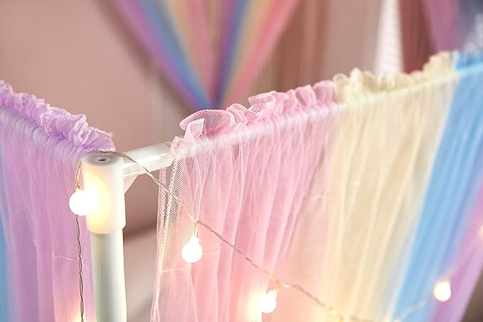 Akiky Canopy Bed Curtains with Lights 4 Corner Post Bed Canopy for Adults Girls, Rainbow Bed Drapes Netting-8 Panel Curtains,King