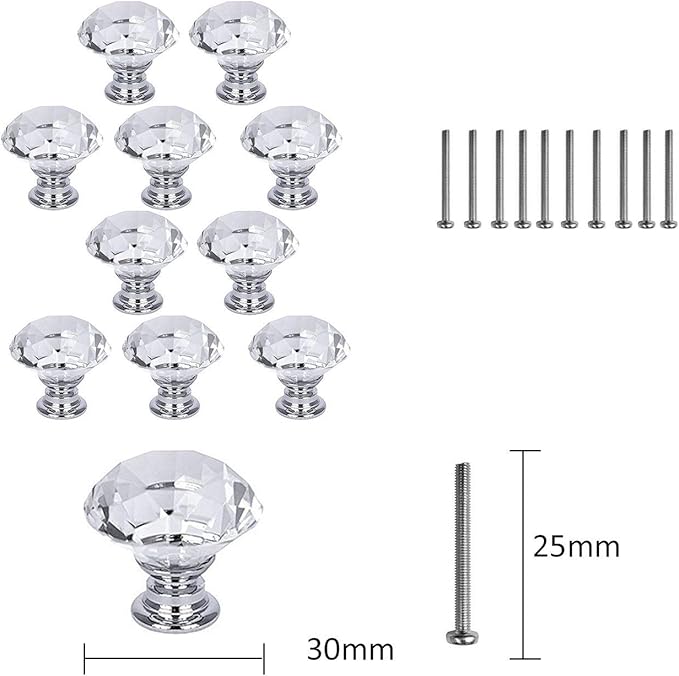 10 Pcs White Clear Crystal Glass Cabinet Knobs 30mm Diamond Shape Drawer Kitchen Cabinets Dresser Cupboard Wardrobe Pulls Handles
