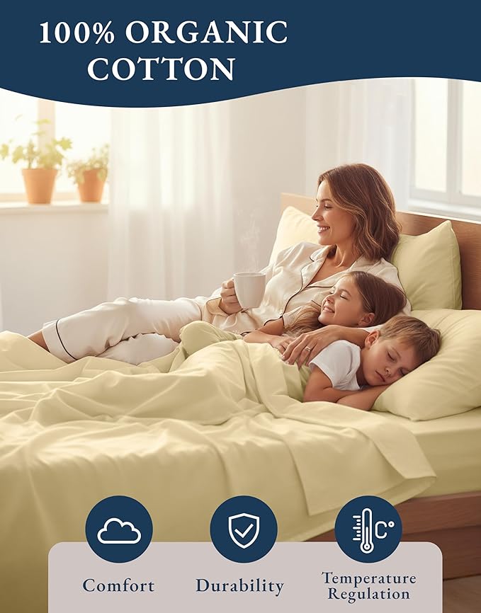 LANE LINEN 100% Organic Cotton Sustainably Produced Twin XL Bed Sheets, Mercerized Fully Elasticized Percale Perfect for Hospital Bed & Dorm Room, Reinforced Seams Twin XL Sheets-Vanilla