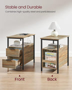 VASAGLE Side End Table with Charging Station, Slim Nightstand with 2 Drawers, Narrow Bedside Table for Living Room, Small Spaces, Turquoise Brown and Ink Black ULET321B60