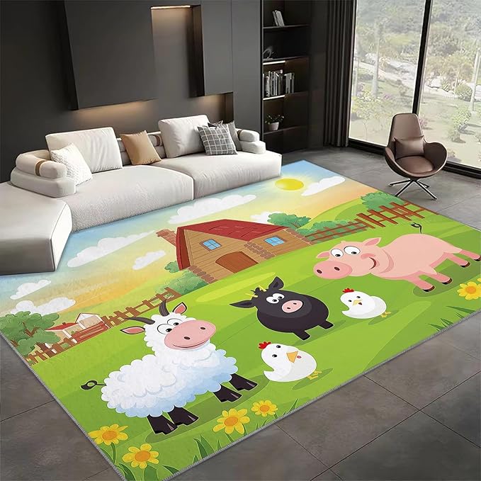 Area Rugs for Living Room 8x10 ft Cartoon Farm Sheep Pig Non Slip Area Rug, Ultra Soft Low-Pile Floor Carpet, Durable Washable Rug for Bedroom, Dining Room, Home Office