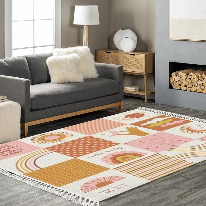 Boho Rug Baby Celestial Quilt Patchwork Sun Moon Rainbow Space Scandinavian Chic Area Rug Hallway Runner Rug Mat Minimalist Home Decor for Living Room Bedroom Nursery Playroom Classroom