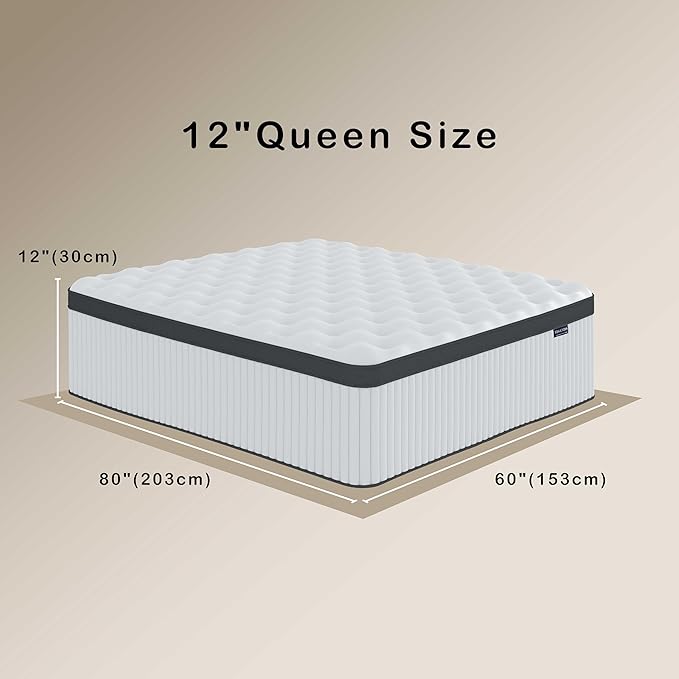 Queen Mattress, 12 Inch Mattresses Queen Size in a Box, Individually Wrapped Pocket Spring Mattresses,Pressure Relief, Medium Firm Support, Breathable and Low Motion Transfer