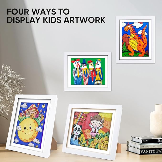 Kids Artwork Frame - Changeable Front Opening, Holds 150 Art Projects, 8.5x11 Picture Display With Storage (White)