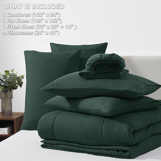 CozyLux King Size Comforter Set Forest Green, 7 Pieces Bed in a Bag, Green Comforter King Size, All Season Bedding Sets with Stitch Quilted Comforter, Flat Sheet, Fitted Sheet, Pillowcases