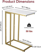Yusong C Shaped End Table, Couch Side Table That Slide Under Sofa Bed, Small Table for Small Spaces, Skinny Overbed Table for Coffee Drink Snack, Living Room, Gold and White Marbled Wooden Top