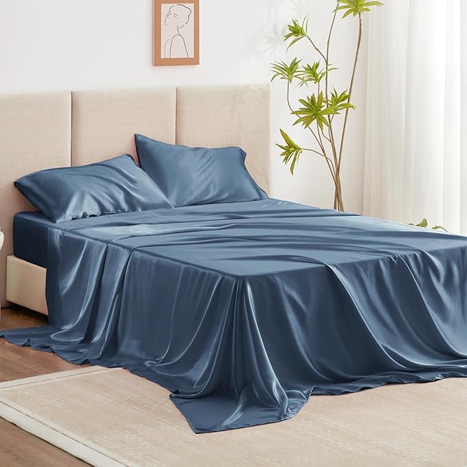 Love's cabin Satin Queen Sheets Set - 4 Piece Ash Blue Silky Bed Sheets Set with Deep Pocket, Luxury Silk Feel Satin Queen Size Sheet Set (1 Flat Sheet,1 Fitted Sheet,2 Pillow Cases)