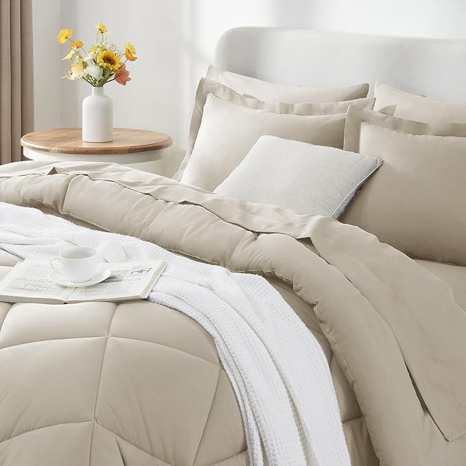 CozyLux Queen Comforter Set Oatmeal - Bed in a Bag Queen Size 7 Pieces, Luxury Soft Bed Set for All Seasons, Bedding Set with Down Alternative Comforter, Sheets, Pillowcases & Shams