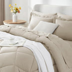 CozyLux Queen Comforter Set Oatmeal - Bed in a Bag Queen Size 7 Pieces, Luxury Soft Bed Set for All Seasons, Bedding Set with Down Alternative Comforter, Sheets, Pillowcases & Shams