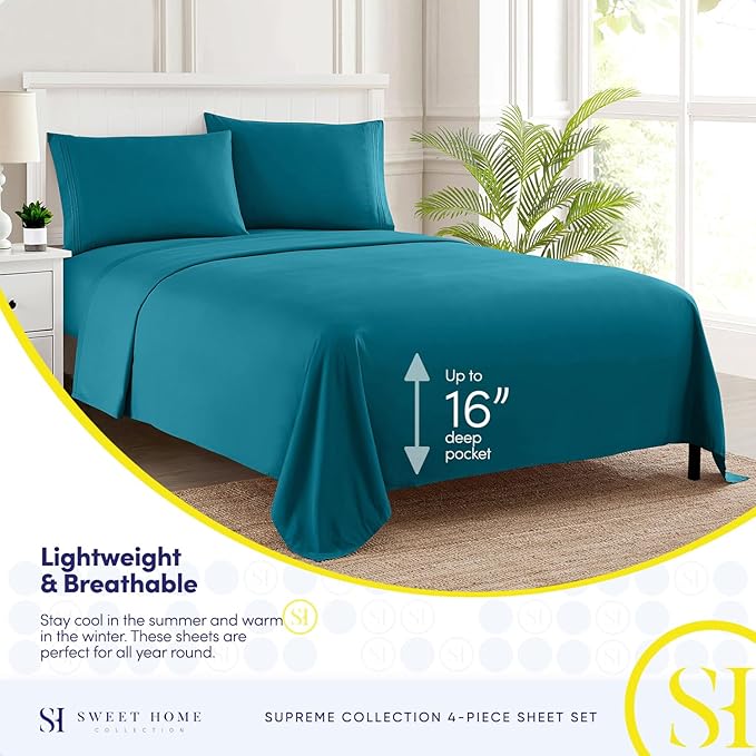King Size Sheets - Breathable Luxury Bed Sheets with Full Elastic & Secure Corner Straps Built In - 1800 Supreme Collection Extra Soft Deep Pocket Bedding Set, Sheet Set, King, Teal
