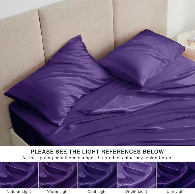 Love's cabin Full Size Satin Sheet Sets - 4 Piece Purple Silky Sheet Set Full with Deep Pocket, Luxury Silk Feel Bed Sheets Full Bedding Set (1 Flat Sheet,1 Fitted Sheet,2 Pillow Cases)