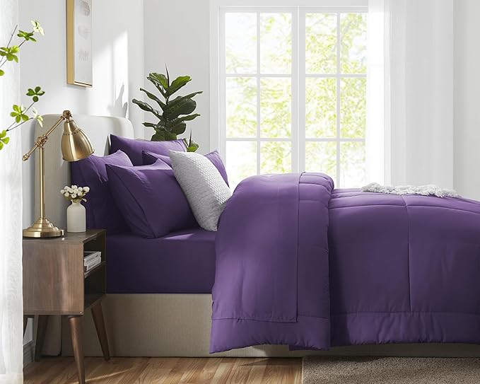 CozyLux King Size Comforter Set Purple, 7 Pieces Bed in a Bag, Purple Comforter King Size, All Season Bedding Sets with Stitch Quilted Comforter, Flat Sheet, Fitted Sheet, Pillowcases