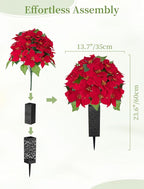 Christmas Cemetery Flowers for Grave: 2 Pcs Artificial 24 Heads Large Red Velvet Poinsettia Bouquets with Vases for Outdoor Grave Decorations