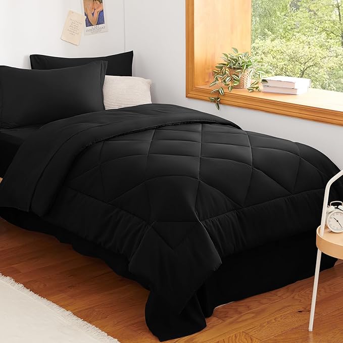 CozyLux Twin XL Comforter Set Black - 5 Pieces Twin Extra Long Bed in a Bag for College Dorm, All Season Bedding Set for Girls and Boys, Soft Bed Set with Comforter, Sheets, Pillowcase & Sham
