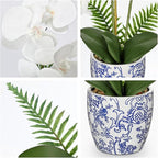 Briful Orchid Fake Flowers 18.8in White Orchid Silk Flower with Blue and White Pot Faux Orchid Arrangement for Home Office Room Shelf Table Centerpiece Decoration