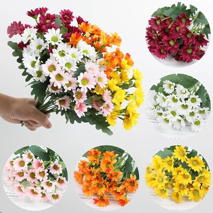 Artificial Mums for Outdoors, Faux Sunset Mum Flowers Planters for Indoor Outside Decor, Fake Look Real, Vibrant, UV Resistant, Waterproof, Windproof (Wine, 10 Bundle)
