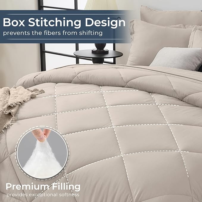 HEVUMYI Beige Tan Queen Comforter Set - 7-Piece All Season Bed in a Bag Queen, Ultra Soft Bedding Set with Comforter, Flat Sheet, Fitted Sheet, Pillowcases, Pillow Shams, Beige Tan