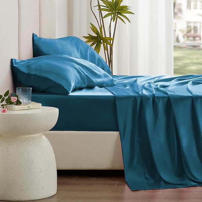 Love's cabin Full Size Satin Sheet Sets - 4 Piece Teal Silky Satin Sheet Set Full with Deep Pocket, Luxury Silk Feel Satin Bed Sheets Full Bedding Set (1 Flat Sheet,1 Fitted Sheet,2 Pillow Cases)