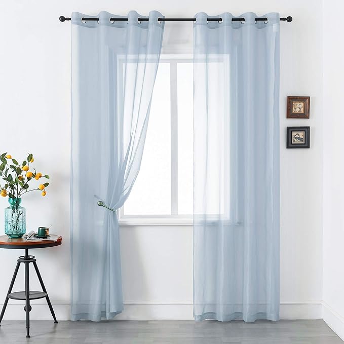 DUALIFE Dusty Blue Sheer Curtains 96 Inch Length for Living Room Decor Set of 2 Panels Grommet Window Look Semi Sheer Transparent Grey Blue Sheer Curtains for Bedroom 52x96 Inches Long Stone Blue