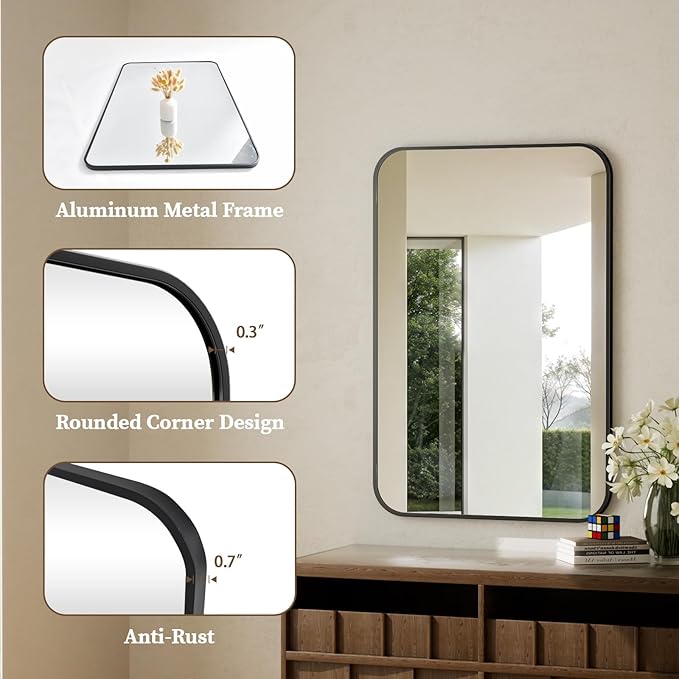 BEAUTYPEAK Black Rectangular Bathroom Mirror - 30" x 40" Wall Mounted Aluminum Alloy Frame Mirror with Rounded Corners for Bedroom Living Room, Horizontal or Vertical