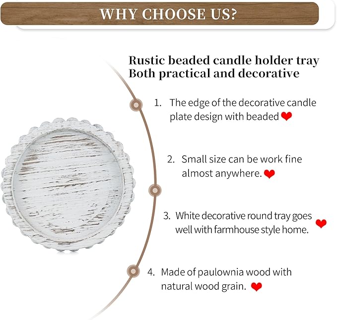 Hanobe Wood Plate Candle Holder: Small Candle Plate Set of 3 Decorative White Washed Beaded Holders Tray Round Candle Stick Holders Farmhouse Table Centerpiece for Fireplace Dining Room Home Decor
