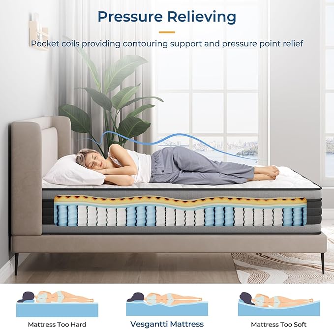 Vesgantti Cal King Mattress, 10 Inch Hybrid Cal King Size Mattress with Memory Foam and Individually Pocket Spring, Pressure Relief and Supportive, Medium Firm Feel, Mattress in a Box