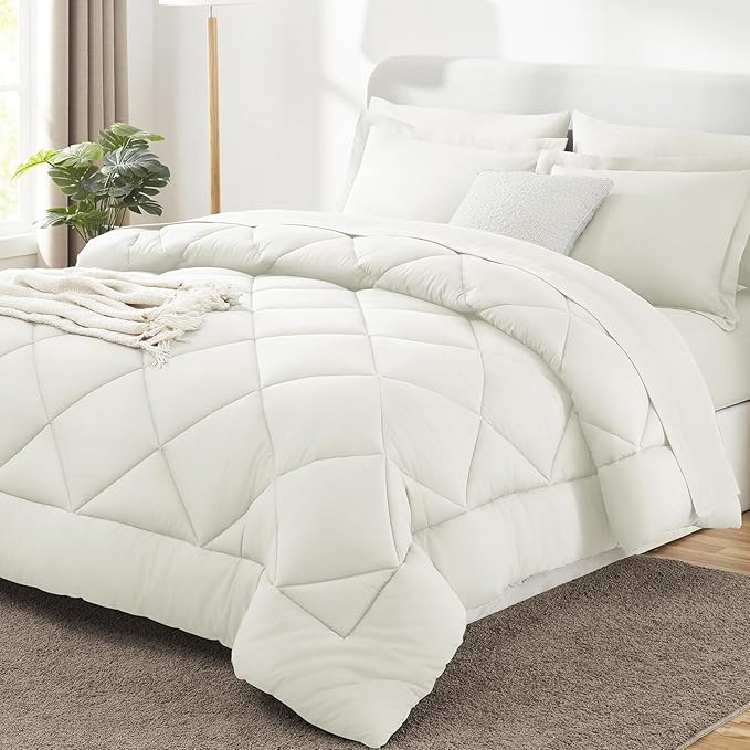 CozyLux Full Size Comforter Sets Ivory - 7 Pieces Bed in a Bag Full, Luxury Soft Bed Set for All Seasons, Bedding Set with Down Alternative Comforter, Sheets, Pillowcases & Shams