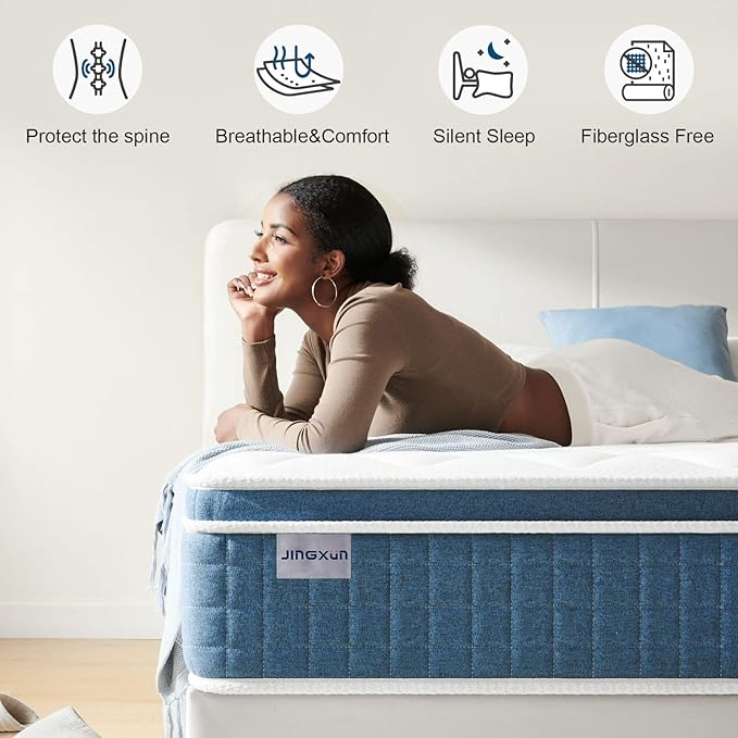 Jingxun 12 Inch Hybrid Gel Memory Foam Mattress, Motion Isolation Pocket Coils, Pressure Relief, Cooling, Back Pain Relief, Full Size