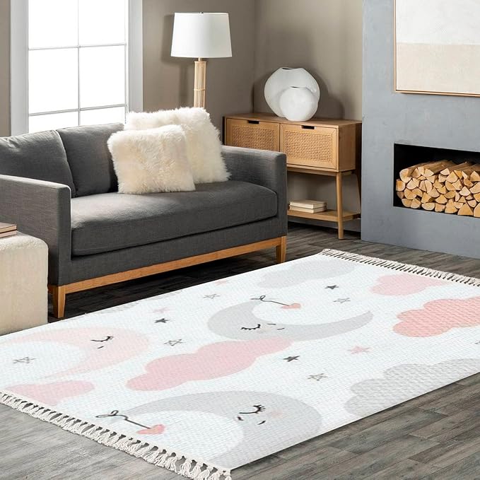 Rug Cute Sky Smiling Sleeping Moon Hearts Stars Clouds Scandinavian Chic Area Rug Washable Hallway Runner Rug Minimalist Home Decor for Living Room Bedroom Nursery Playroom Classroom